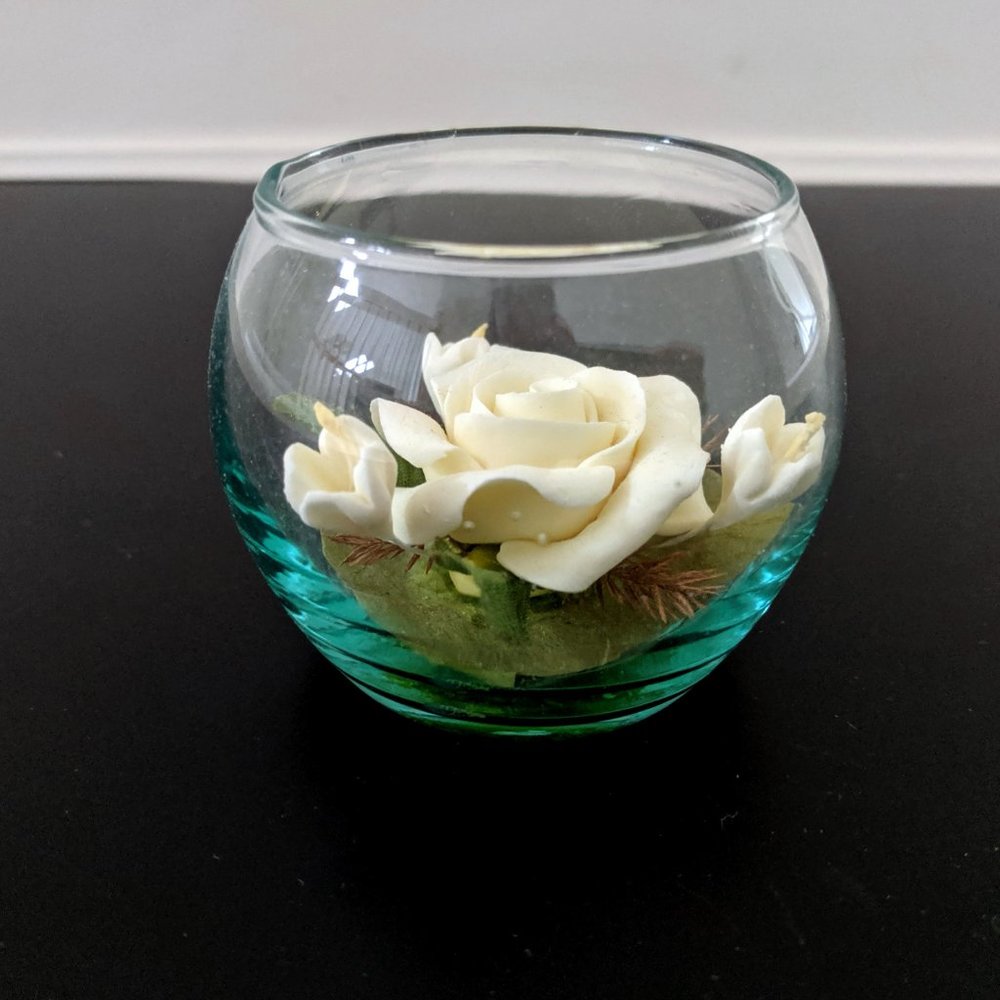 Small Glass Bowl with Yellow Ceramic Rose